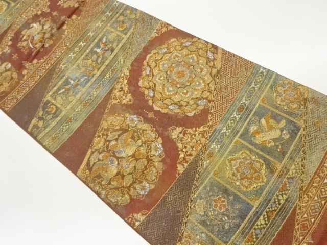 もみ泥金唐箔華文に鳳凰・花々模様織出し袋帯